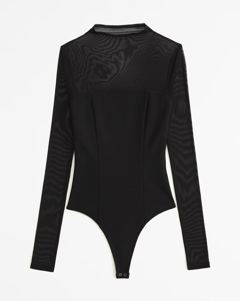 Abercrombie & Fitch Women's Long-Sleeve Mesh Crepe Mockneck Bodysuit in Black - Size XXS | Abercrombie & Fitch (US)