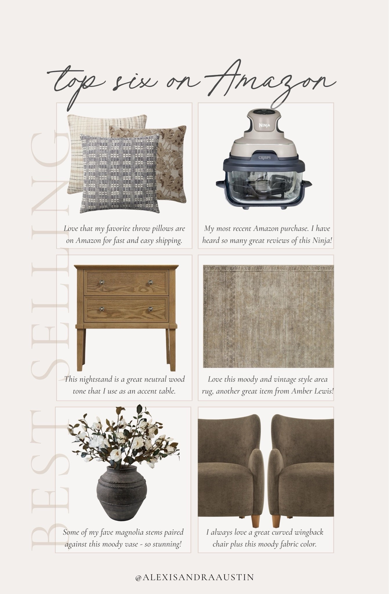 This week’s top six best selling items on Amazon! From my newest appliance find to staple cozy throw pillows, find all of my new and favorite finds for an elevated home this season.

Home finds, neutral home inspo, best sellers, neutral wood tones, furniture favorites, found it on Amazon, collected style, furniture favorites, cozy throw pillow, appliance favorites, nightstand details, vintage style area rug, cozy accent chair, faux florals, moody vase, summer refresh, living room refresh, kitchen refresh, fall transition favorites, timeless home inspo, shop the look!

#LTKSeasonal #LTKHome