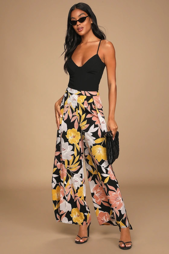 Blissful Vacay Black Floral Print Side Slit Pants | Lulus