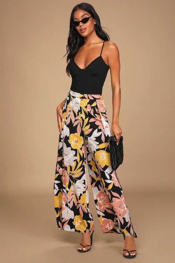 Blissful Vacay Black Floral Print Side Slit Pants | Lulus (US)