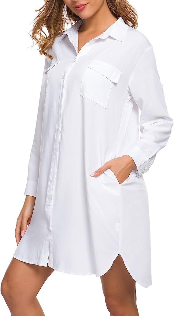 Amazon.com: MANAIXUAN Women's Oversized Shirt Dress V Neck Long Sleeve Loose Casual with Pockets ... | Amazon (US)