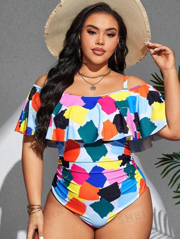 SHEIN Swim Curve Summer Beach Plus Size Women's Geometric Print Cold Shoulder One-Piece Swimsuit ... | SHEIN