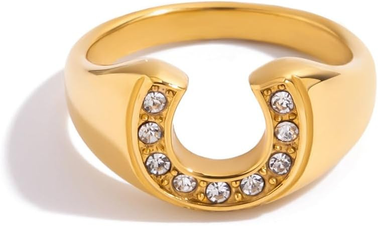 Dainty CZ Horseshoe Stacking Ring for Women Men Stainless Steel Gold-Tone Chunky Sparkly Crystal ... | Amazon (US)
