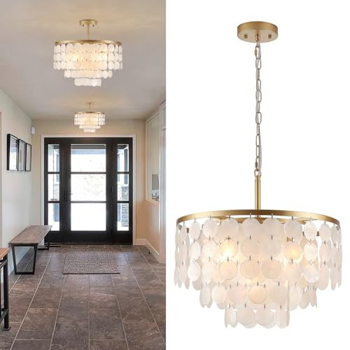 Puyveyor 17.72" Capiz Shell Chandelier, 5 Light Modern Coastal Chandeliers, Gold Dining Room Light Fixture, Natural Seashell Hanging Light Fixtures for Living Room Bedroom Kitchen Foyer Bathroom | Amazon (US)