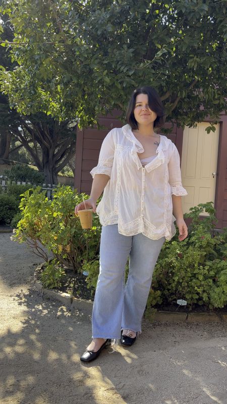The frayed jeans with ballet flats combo is low key giving high school flashbacks but also kind of into it??
Top is free people but not available anymore - linking lots of similar options!
Jeans are older from madewell size 32 (They stretch out with wear and were a bit big on me pre pregnancy).
Flats are dolce vita and come in wide sizing! 

#LTKstyletip #LTKmidsize #LTKSeasonal