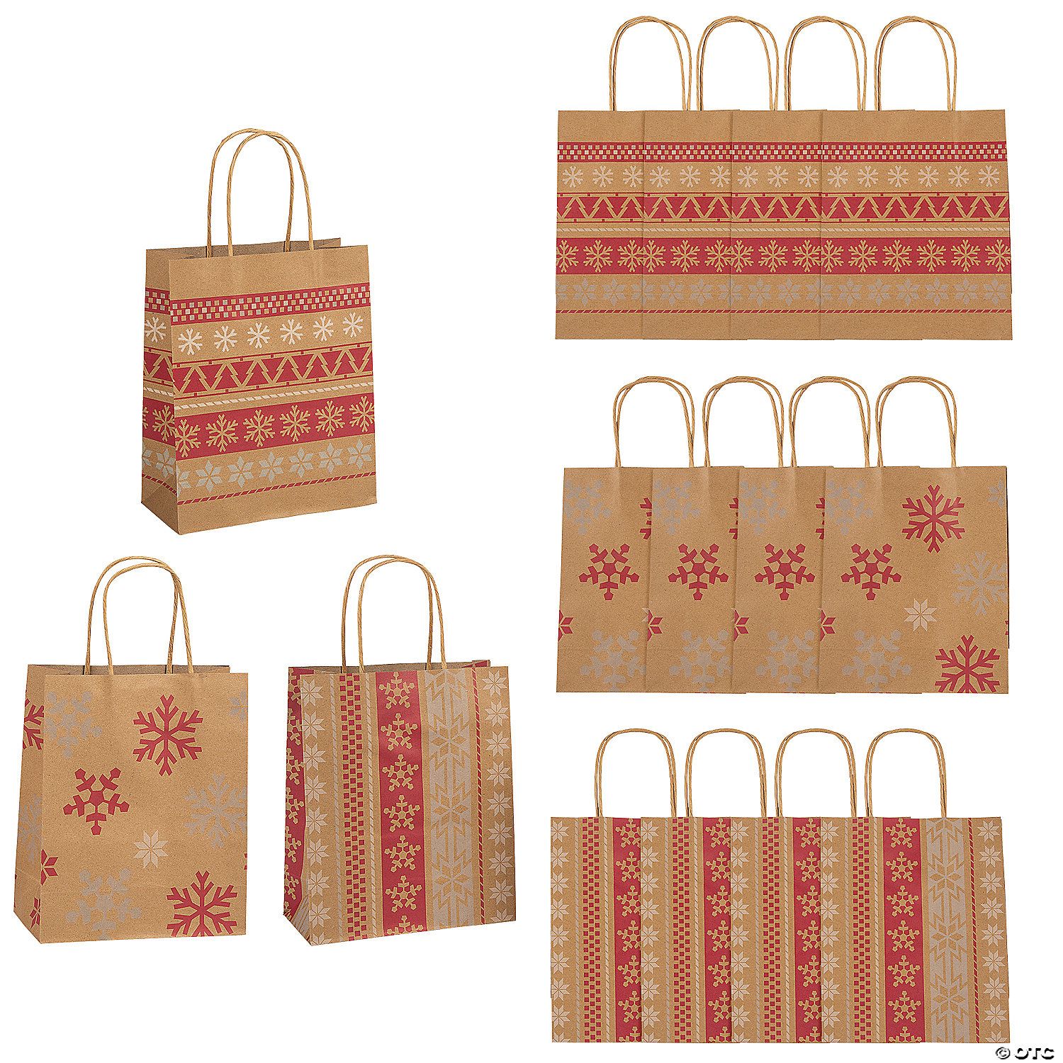 7 1/4" x 9" Medium Red & White Nordic Print Kraft Paper Gift Bags - 12 Pc. | Oriental Trading Company