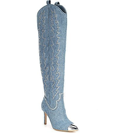 Gianni Bini KaterinaTwo Denim Rhinestone Over-the-Knee Western Dress Boots - 5M | Dillard's