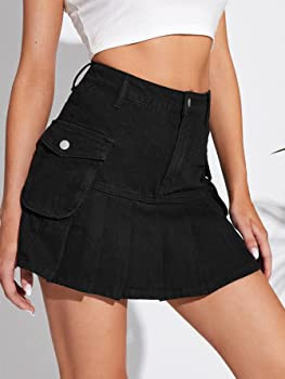 Floerns Women's Casual High Waist Pleated Hem Flap Pocket Denim Mini Skirt | Amazon (US)
