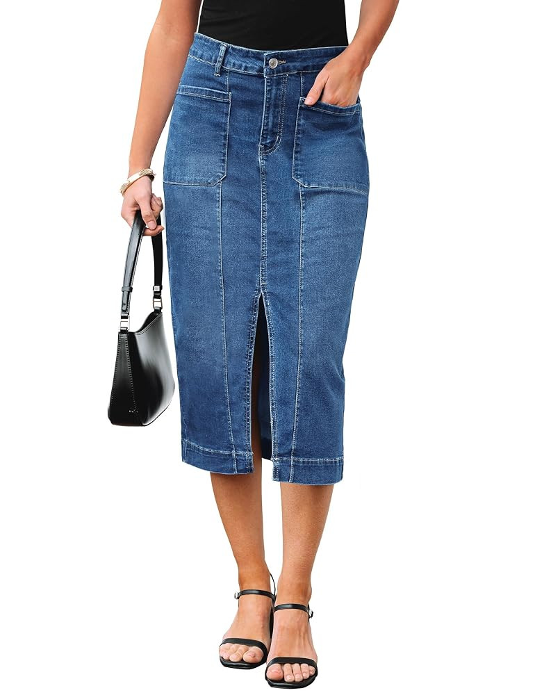 luvamia Jean Skirts for Women Denim Trendy Casual Stretchy High Waisted Midi Front Pockets Below ... | Amazon (US)