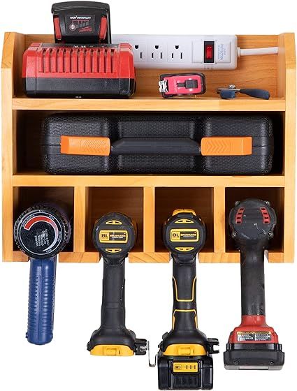 Power Tool Organizer for Garage - Fully Assembled Wood Tool Chest and 4 Drill Charging Station - ... | Amazon (US)