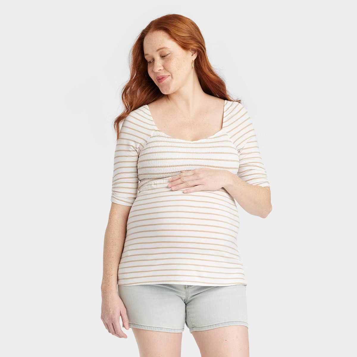 Elbow Sleeve V-Neck Smocked Maternity Shirt - Isabel Maternity by Ingrid & Isabel™ | Target