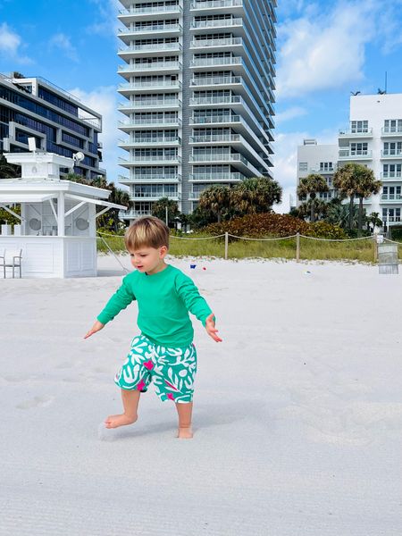 Beach baby! Bright colors help to always see your kid in water for extra safety! Rashguard comes in lots of colors and so do shorts! 
Also print can have a whole family matching moment 💚💚💚

#LTKswim #LTKsalealert #LTKkids