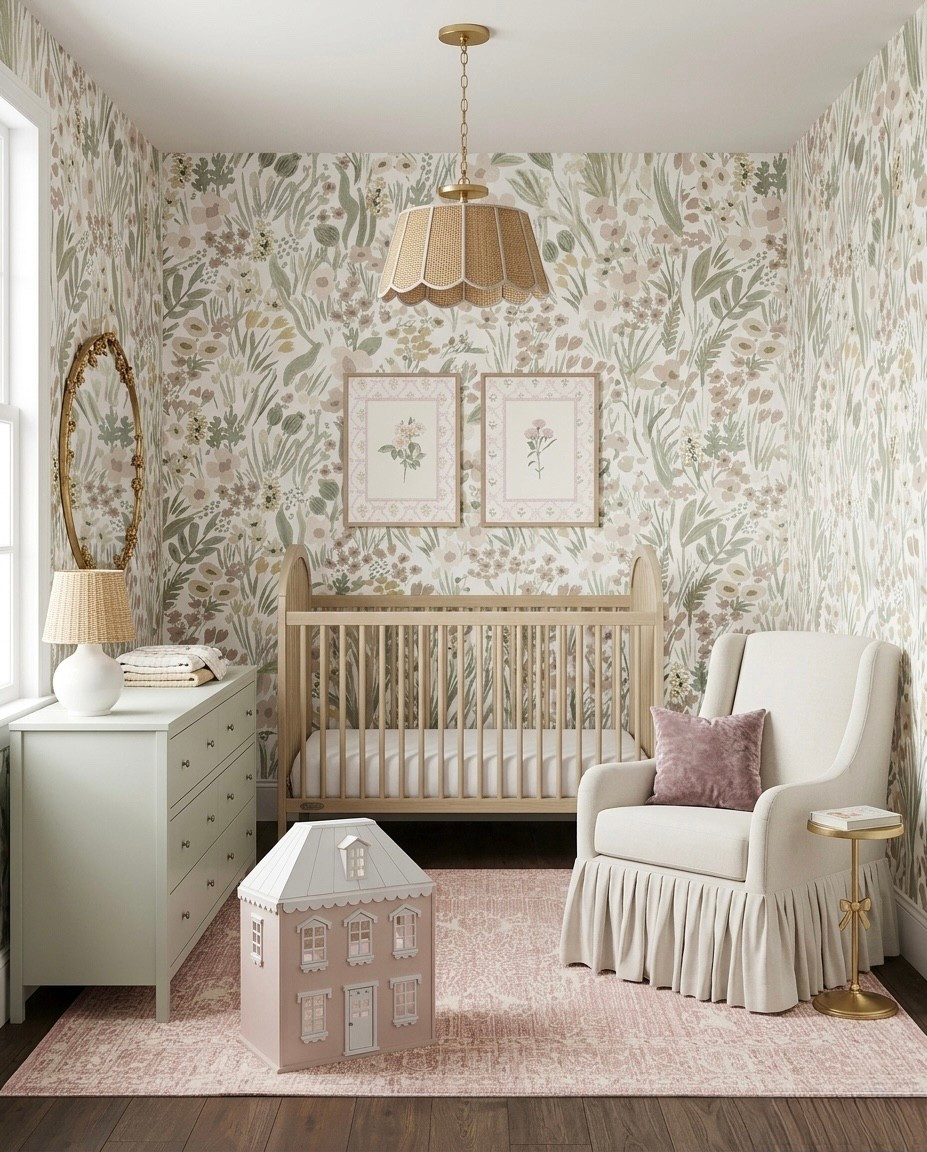 bedroom decor, girl bedroom, pink and green bedroom, grandmillennial bedroom, vintage inspired bedroom, floral wallpaper, botanical bedroom, cane bed, rattan bed, light wood bed, mint green dresser, sage green nightstands, boucle chair, white swivel chair, pink rug, vintage rug, pleated lamp, scalloped lamp, botanical art, flower prints, nursery decor, big girl room, cottagecore bedroom, bedroom mood board, bedroom inspiration, home decor ideas 

 #LTKHome #LTKBaby