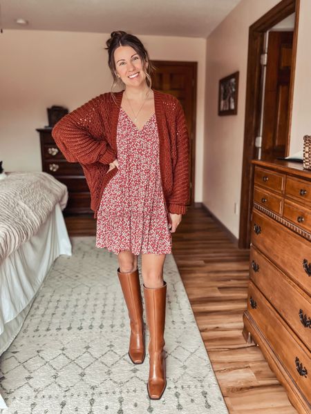 Wearing a size small dress and a 1/2 size up in the boots. My cardigan is older so I linked similar. 

#LTKstyletip #LTKSeasonal #LTKfindsunder100