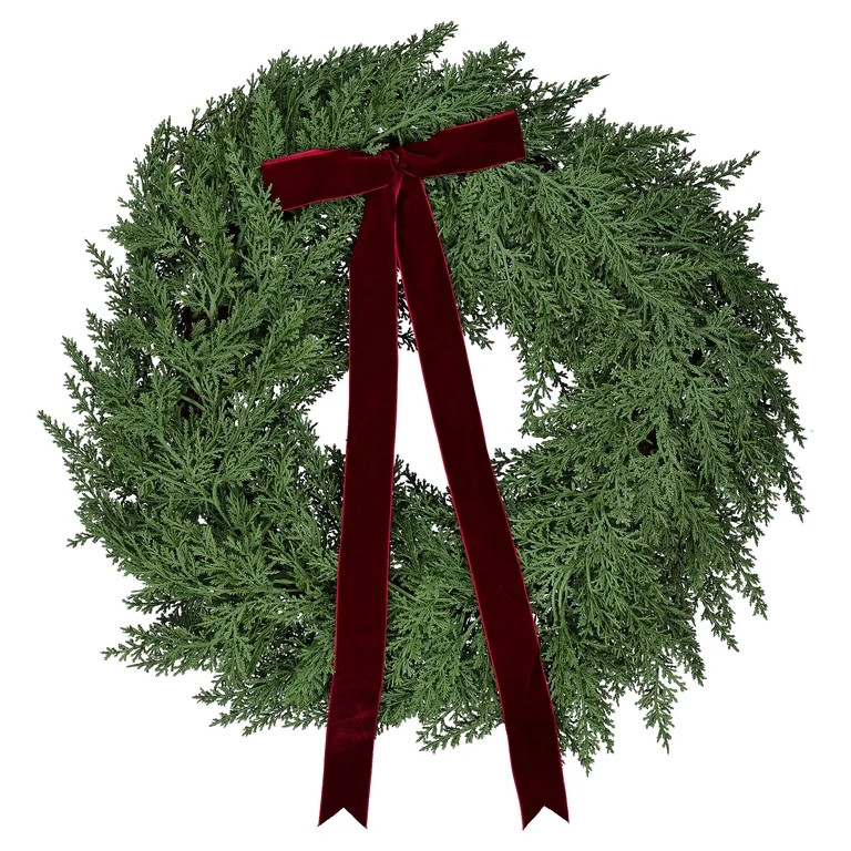 My Texas House Natural Feel Cedar Artificial Christmas Wreath with Bow, Green, 22" | Walmart (US)