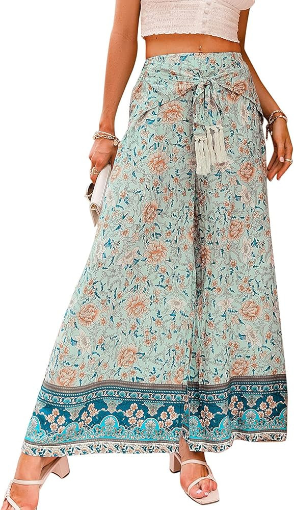 Miessial Women's Summer Boho Tie Waist Pants Loose Wide Leg Beach Hippie Pants with Tassel | Amazon (US)