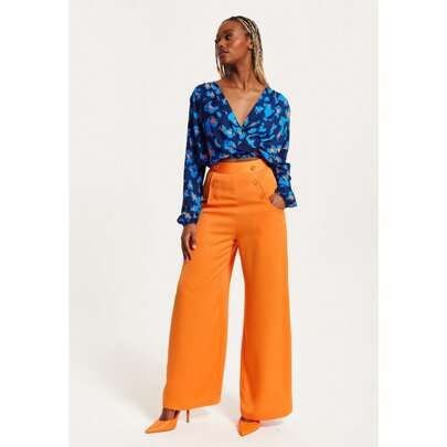 Women's Trousers High Waist Orange Wide Leg With Front Buttons And Pockets, Zip-Side Fastening, Liquorish | SHEIN