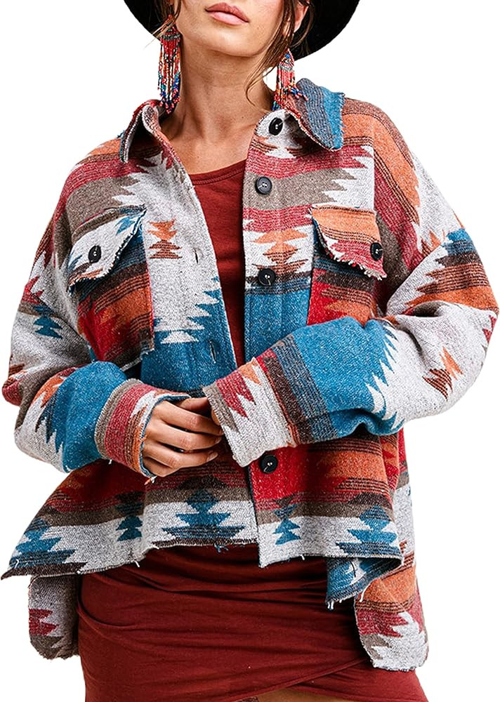 Yeokou Womens Vintage Aztec Printed Shacket Long Sleeve Brushed Flannel Jacket Outwear | Amazon (US)