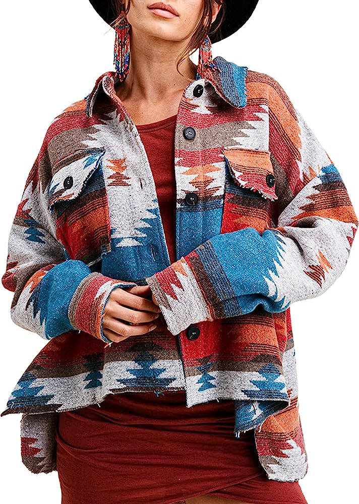 Yeokou Womens Vintage Aztec Printed Shacket Long Sleeve Brushed Flannel Jacket Outwear | Amazon (US)