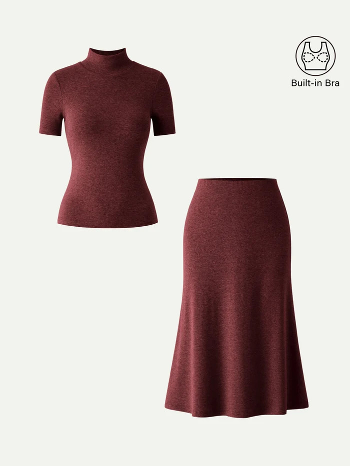 2Pcs Set Mockneck Short Sleeve Bra Top & Pull-On Midi Skirt | OGLmove