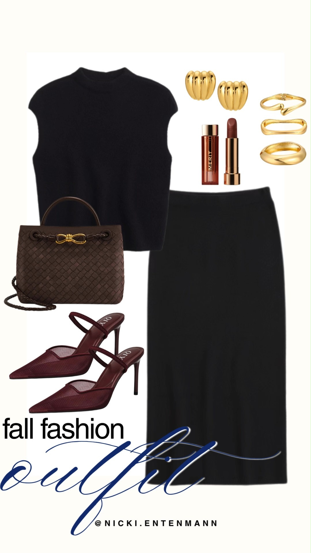 Elevate your seasonal look with this sleek fall fashion outfit edit featuring rich textures and warm accents. A sleeveless black knit top pairs with a matching black midi skirt. Burgundy mesh pointy-toe pumps, a chocolate woven leather tote, chunky gold ribbed earrings, gold stacked rings, and Merit lipstick round out this preppy look.

#fallfashion #falloutfit #monochromeoutfit #outfitinspiration #preppycasual #chicstyle #everydayfashion 

 #LTKgrwm #LTKootd #LTKmomlife