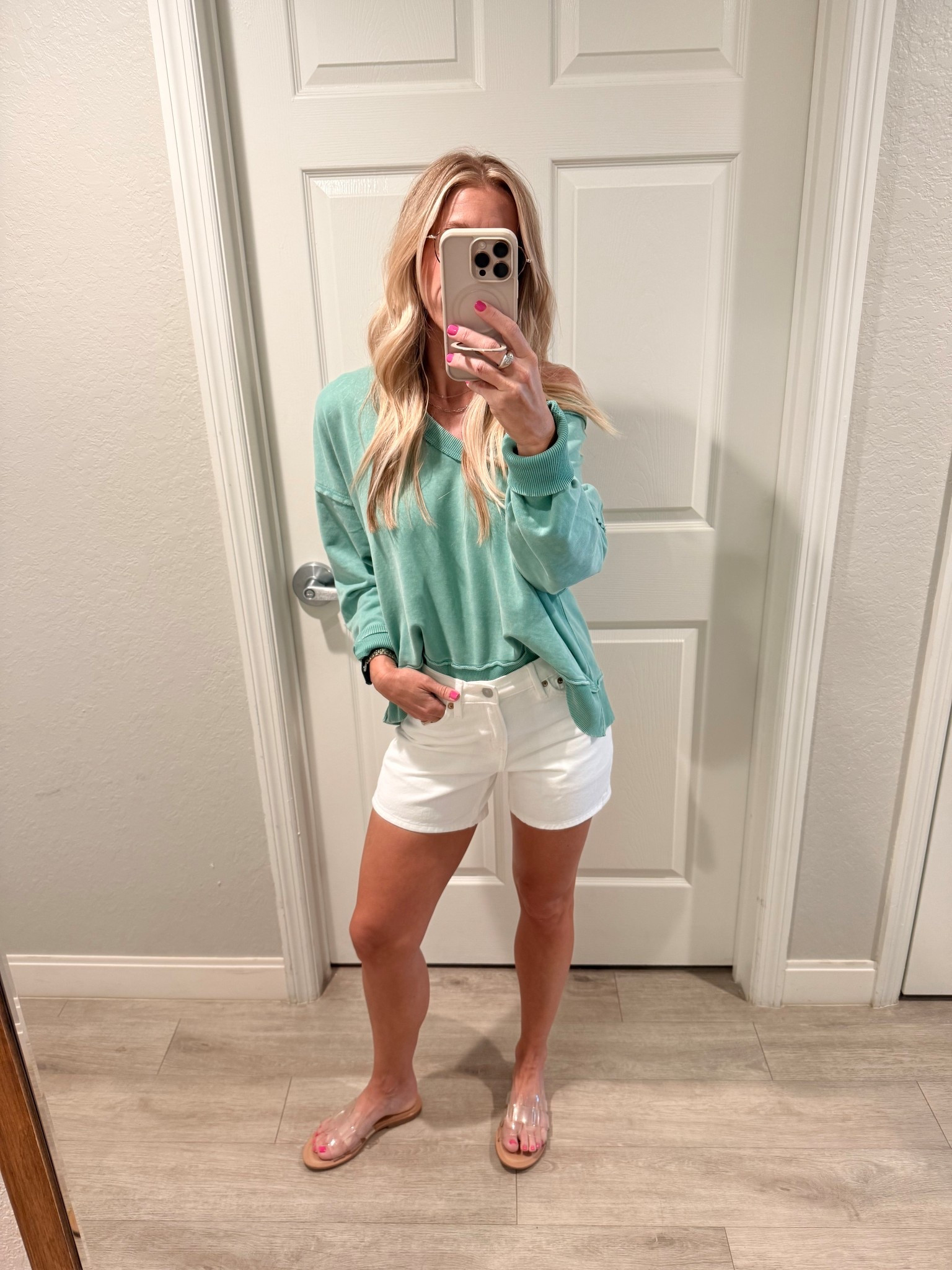 @ae sweatshirt runs big! I’m in XS for an oversized off the shoulder fit. Shorts are TTS, 00  

#LTKPetite #LTKootd #LTKOver40