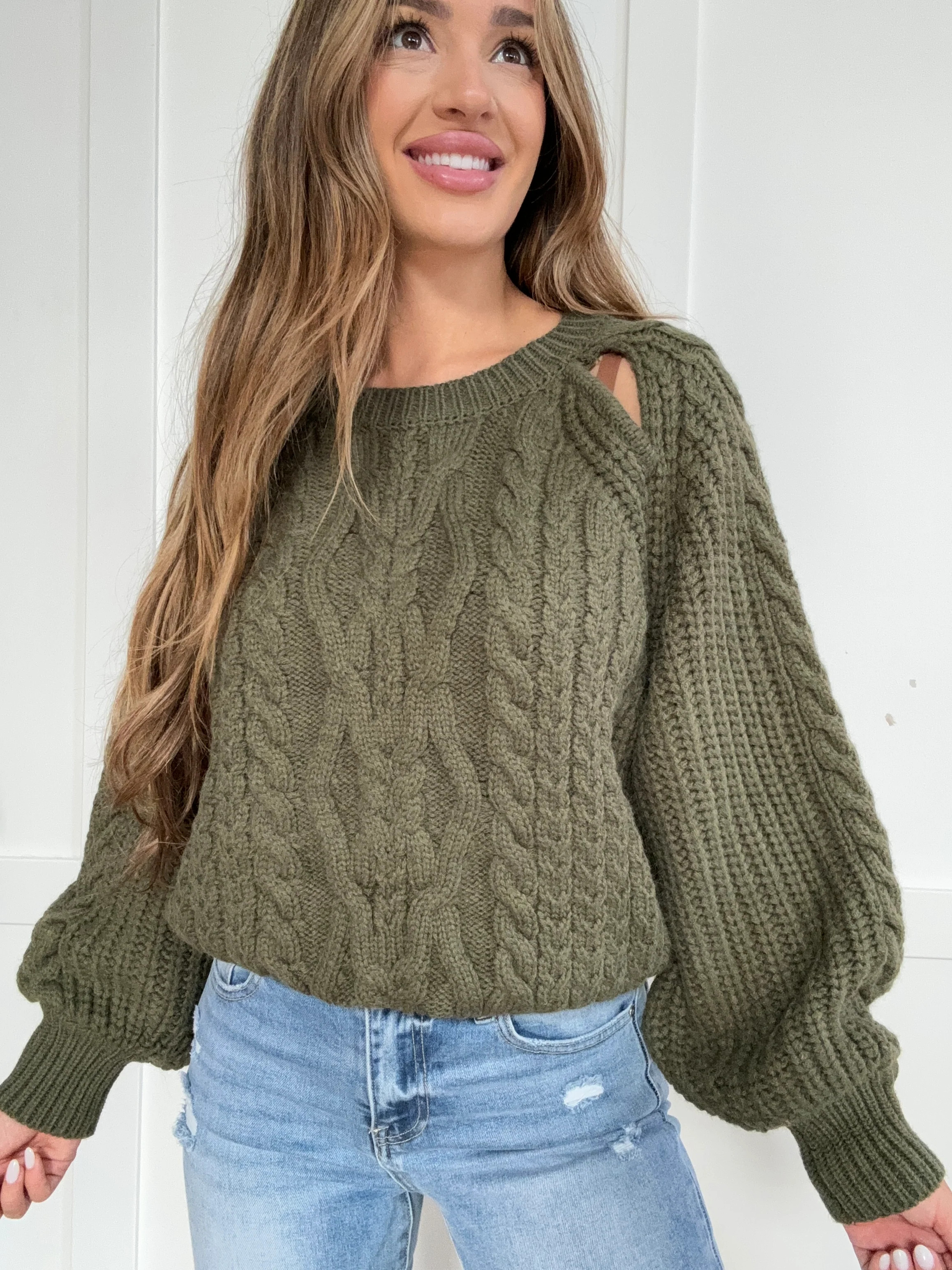 Autumn Whispers Cable Knit Long Sleeve Sweater- Dried Olive | Willow Boutique