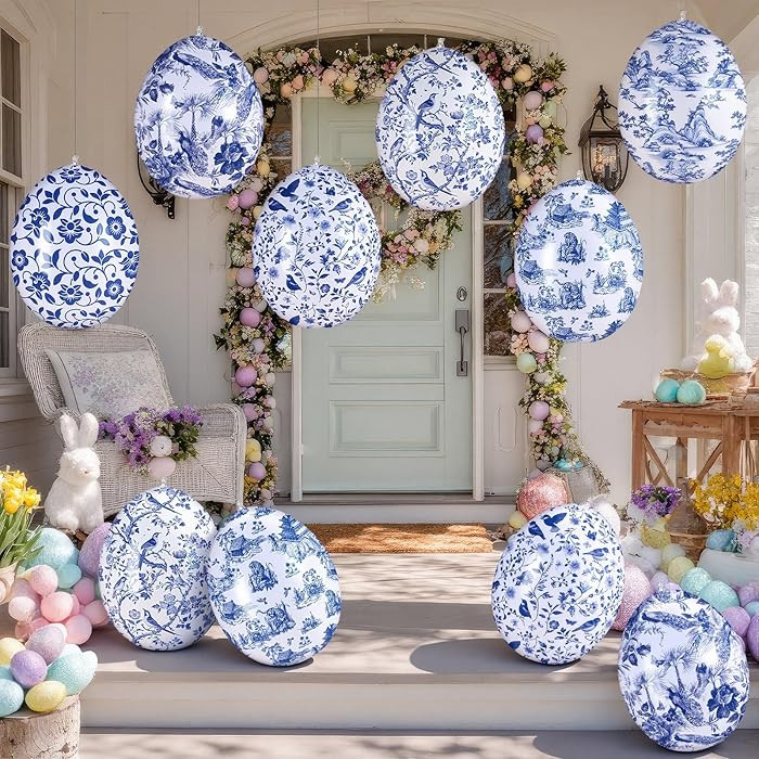 Realspring 12 Pcs 12 Inch Inflatable Easter Eggs Decorations Chinoiserie Blue and White Easter In... | Amazon (US)