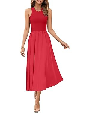 Women's Summer Sleeveless Tank Dress Midi Dresses Square Neck Ribbed Tops A Line Flowy Pleated Ba... | Amazon (US)