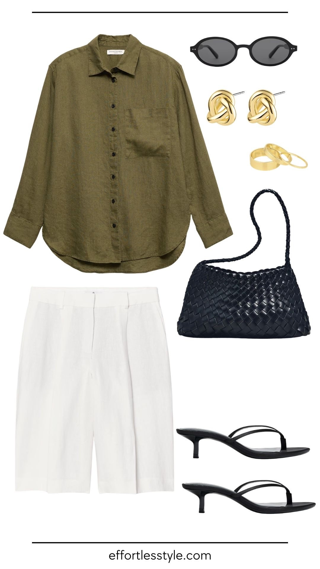 Outfit inspo for an effortlessly polished summer look. An olive green linen button-down paired with white linen Bermuda shorts creates a classic, easy-to-wear combination, finished with simple black kitten heels, sleek black sunglasses, timeless gold jewelry, and a classic black handbag. Everything is linked down below.

#LTKgrwm #LTKdayinmylife #LTKootd