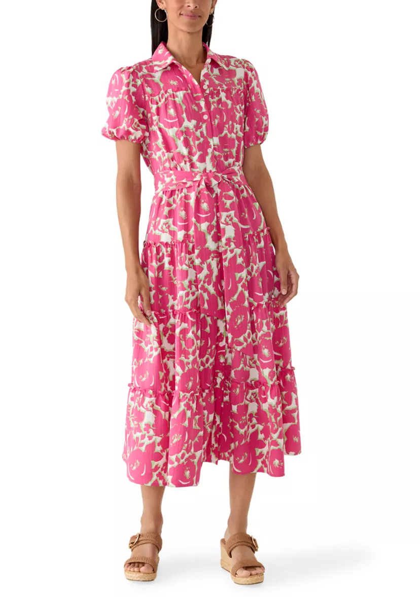 Women's Short Puff Sleeve Printed Linen Midi Dress | Belk