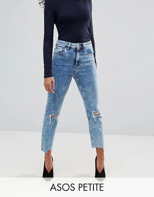 ASOS PETITE FARLEIGH High Waist Slim Mom Jeans in Pine Mottled Wash with Busts | ASOS US