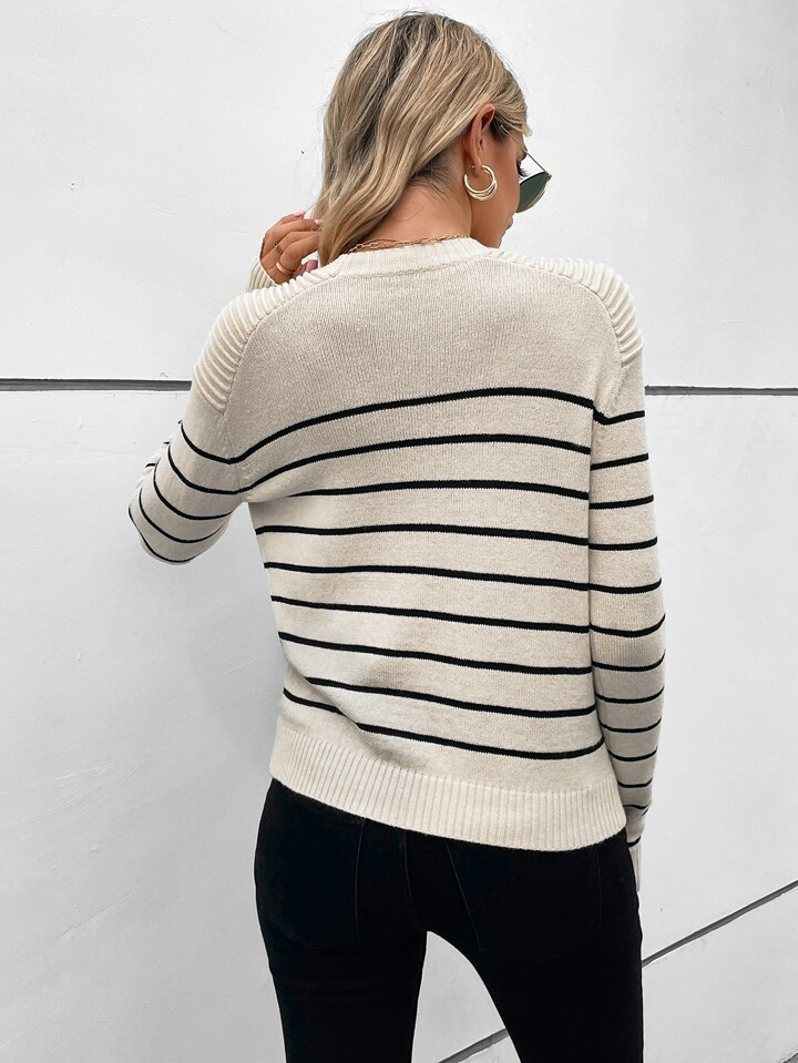 SHEIN Frenchy Striped Pattern Button Detail Drop Shoulder Sweater | SHEIN