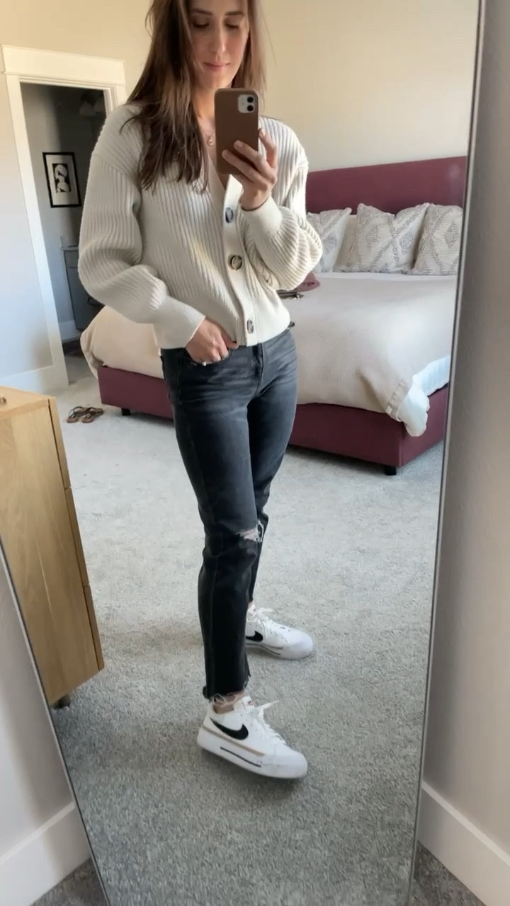 Similar Old Navy pants linked - these are way old! H&M cardigan, the ivory is no longer available, but there are so many similars. A simple spring outfit when it’s still a bit chilly! #springoutfits #cardigan #jeans #sneakers 

#LTKFind #LTKunder50 #LTKstyletip
