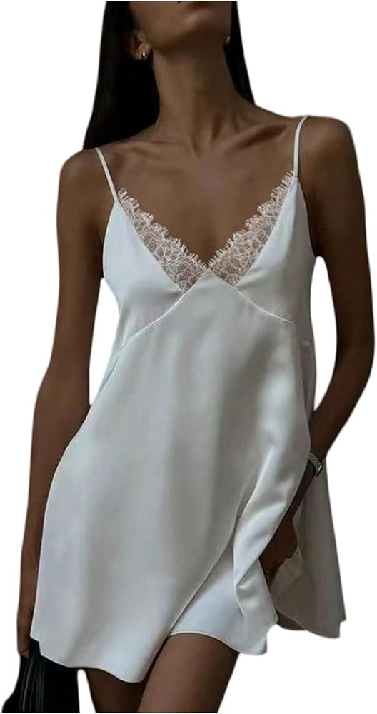 WDIRARA Women's Lace Trim V Neck Satin Dress Spaghetti Strap Tie Backless Mini Dresses | Amazon (US)