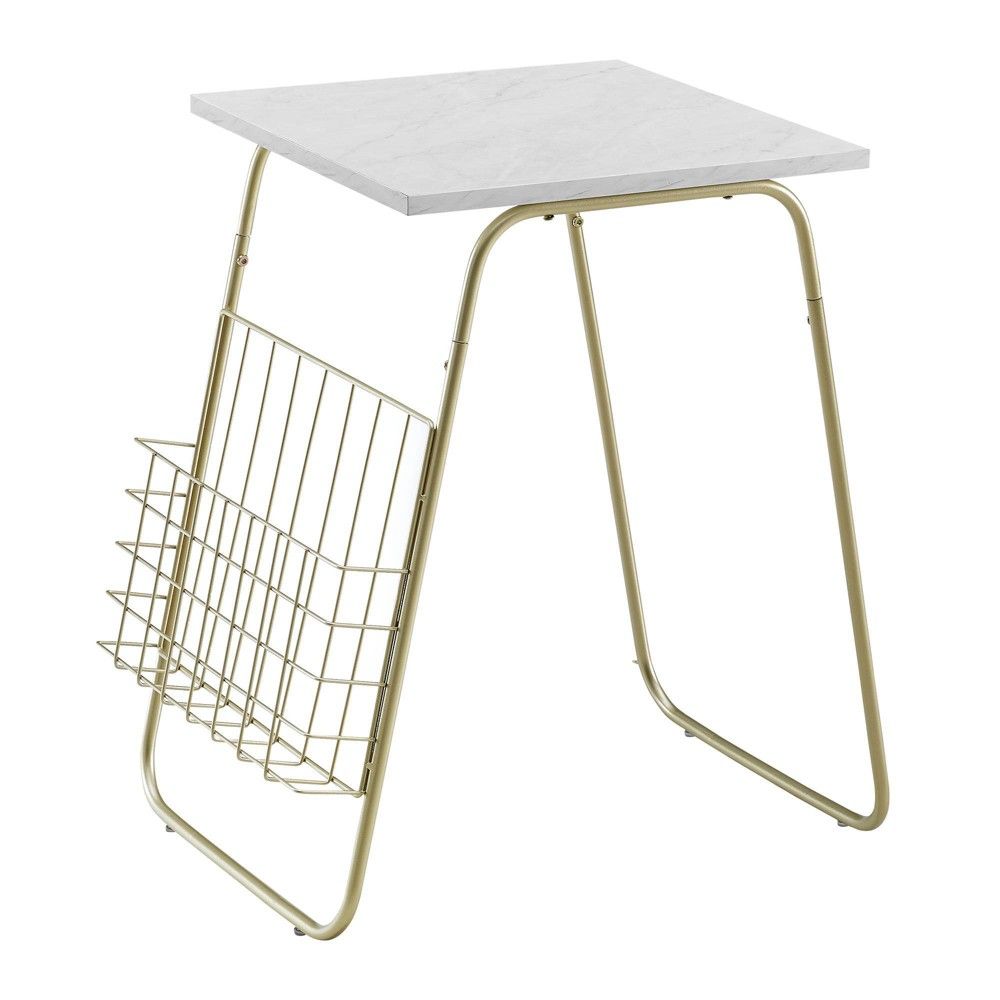 Modern Side Table with Magazine Holder White Faux Marble/Gold - Saracina Home | Target