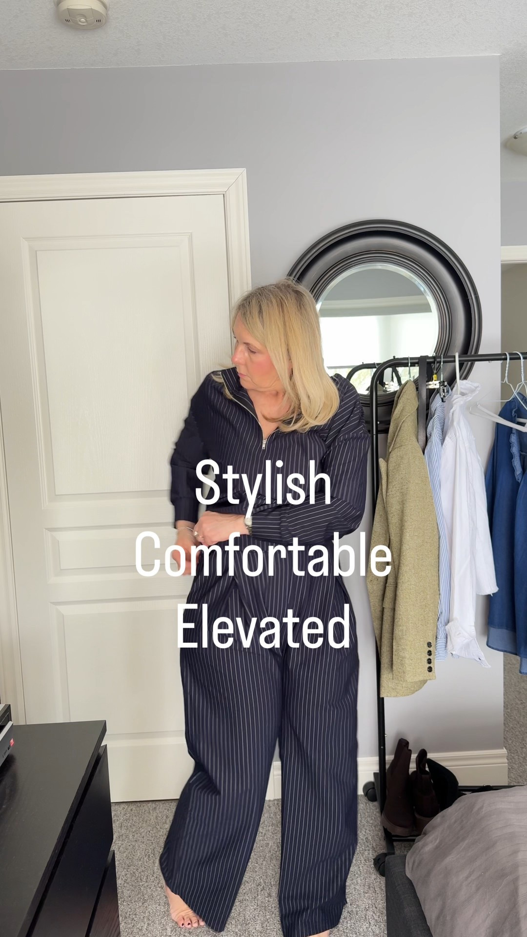 Stylish comfortable, and elevated is what this screams.  The navy  pinstripe and the stretchy suit like fabric, makes it so easy to wear.  Throw on a pair of sneakers for a more casual look or if you want  go out for dinner throw on a pair of sandals or heels.  What makes this outfit so great is that you can separate the pieces, wear the top with a pair of denim jeans and wear the bottoms with a nice white blouse or white T-shirt. So versatile. 
I’m wearing a large in both pieces  ￼

#LTKmidsize #LTKover50style
