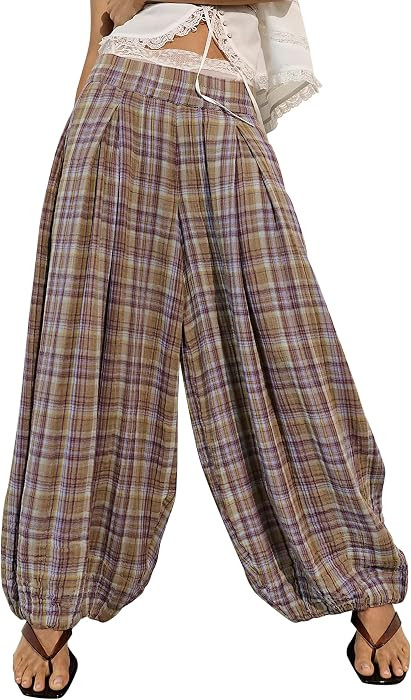 Plaid Balloon Pants Women Casual Wide Leg Elastic Waist Gingham Pants with Pockets | Amazon (US)