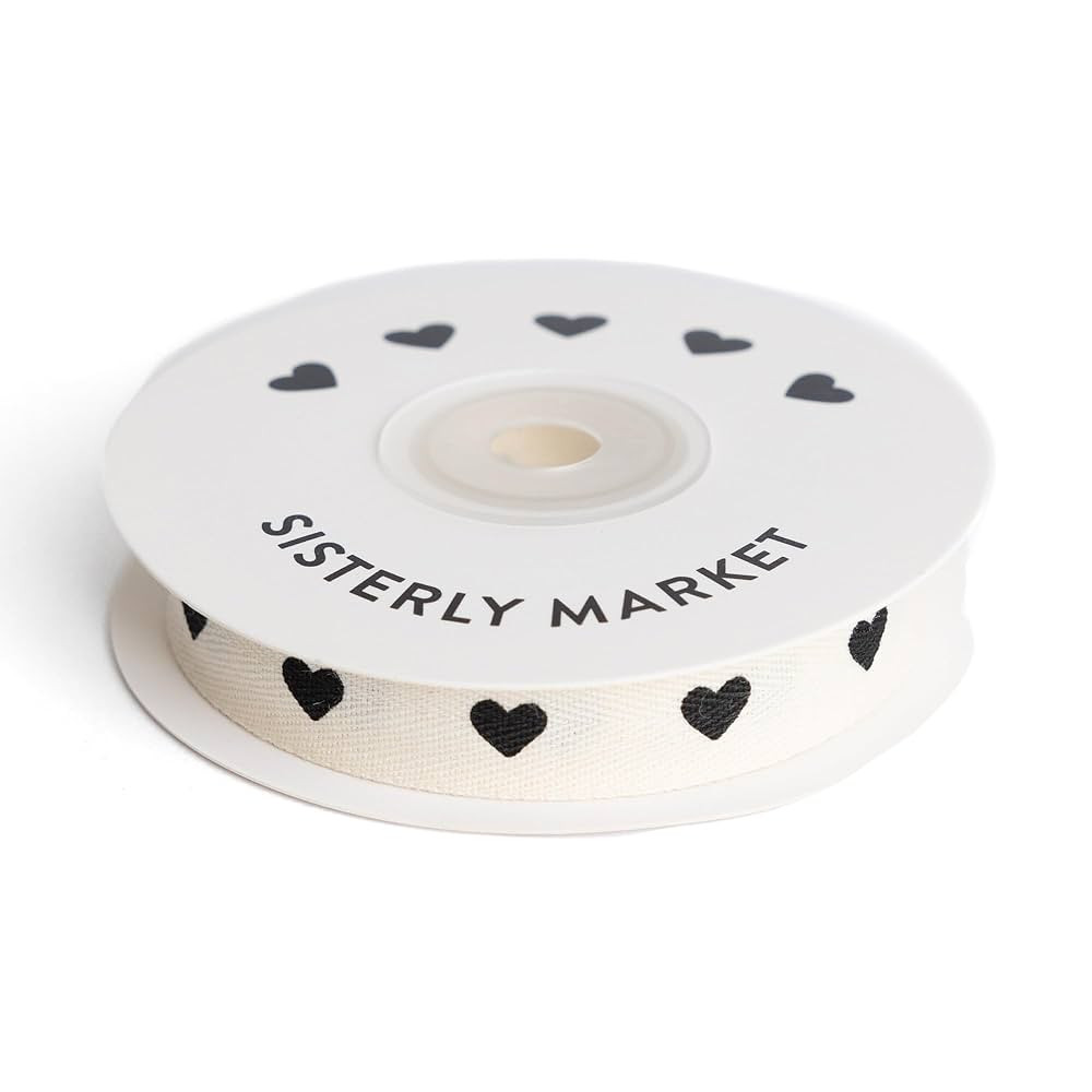 Custom Herringbone Cotton Ribbon, Natural 5/8 Inch Gift Ribbon with Black Heart Print, 10 Yards | Amazon (US)