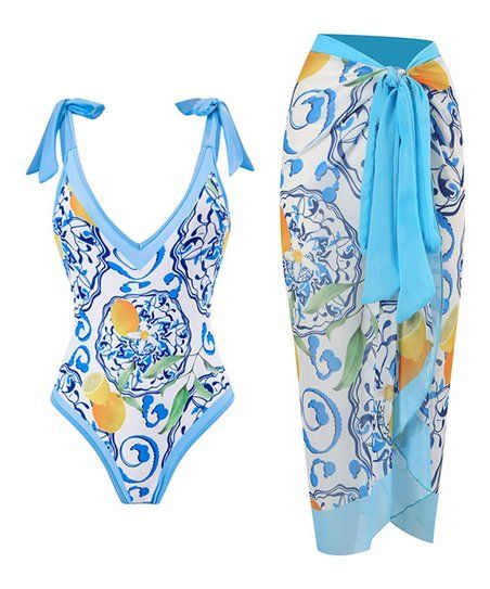 Doris Blue & Yellow Floral Tie-Strap V-Neck One-Piece & Cover-Up - Women | Zulily