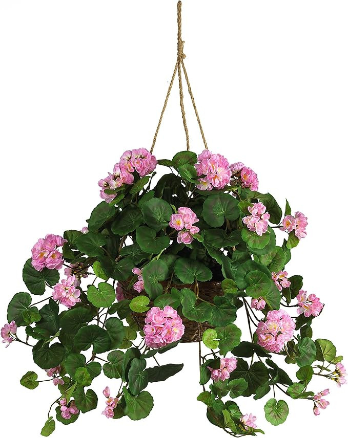 Nearly Natural 24in Artificial Geranium Hanging Basket Faux Floral Plant For Home Decor, Pink | Amazon (US)