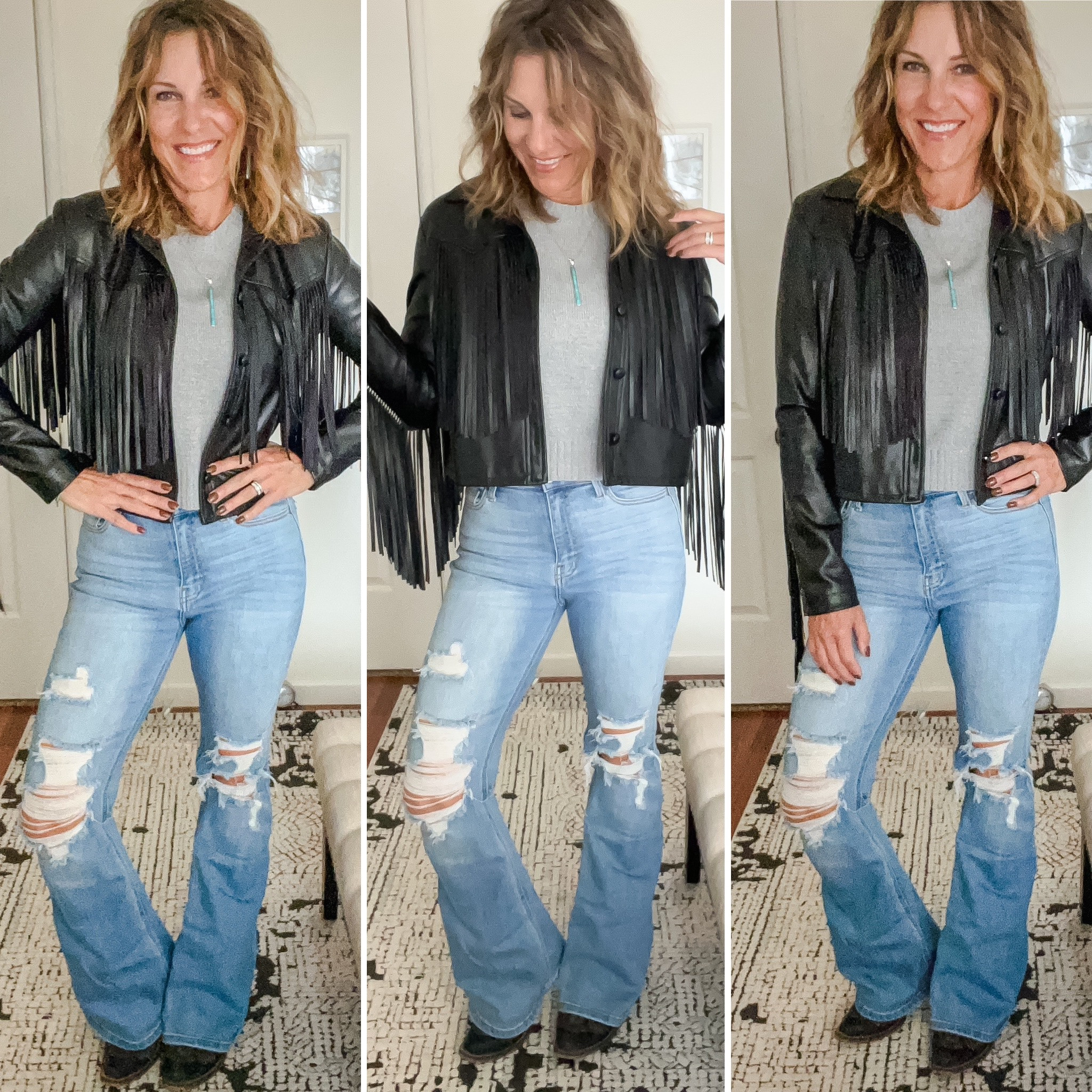 Easy to wear, high waisted, flares paired with a neutral crop sweater, and this awesome fringe jacket that also comes in white! Click my link to shop each piece, including accessories and boots
