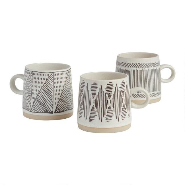 Black And White Wax Resist Geometric Mugs Set Of 3 | World Market