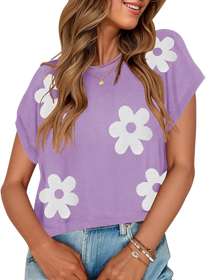 ZESICA Womens Summer Casual Printed Tops Cap Sleeve Crew Neck Cute Knit Sweaters 2025 Trendy Clot... | Amazon (US)