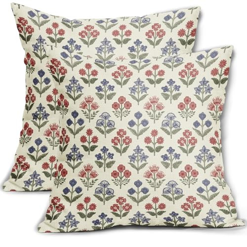 4th of July Patriotic Floral Pillow Covers 20x20 Inch Set of 2, Navy Blue Red Green Flower Block Print Decorative Throw Pillowcases Outdoor Memorial Day Holiday Cushion Covers Sofa Couch Bed Decor | Amazon (US)