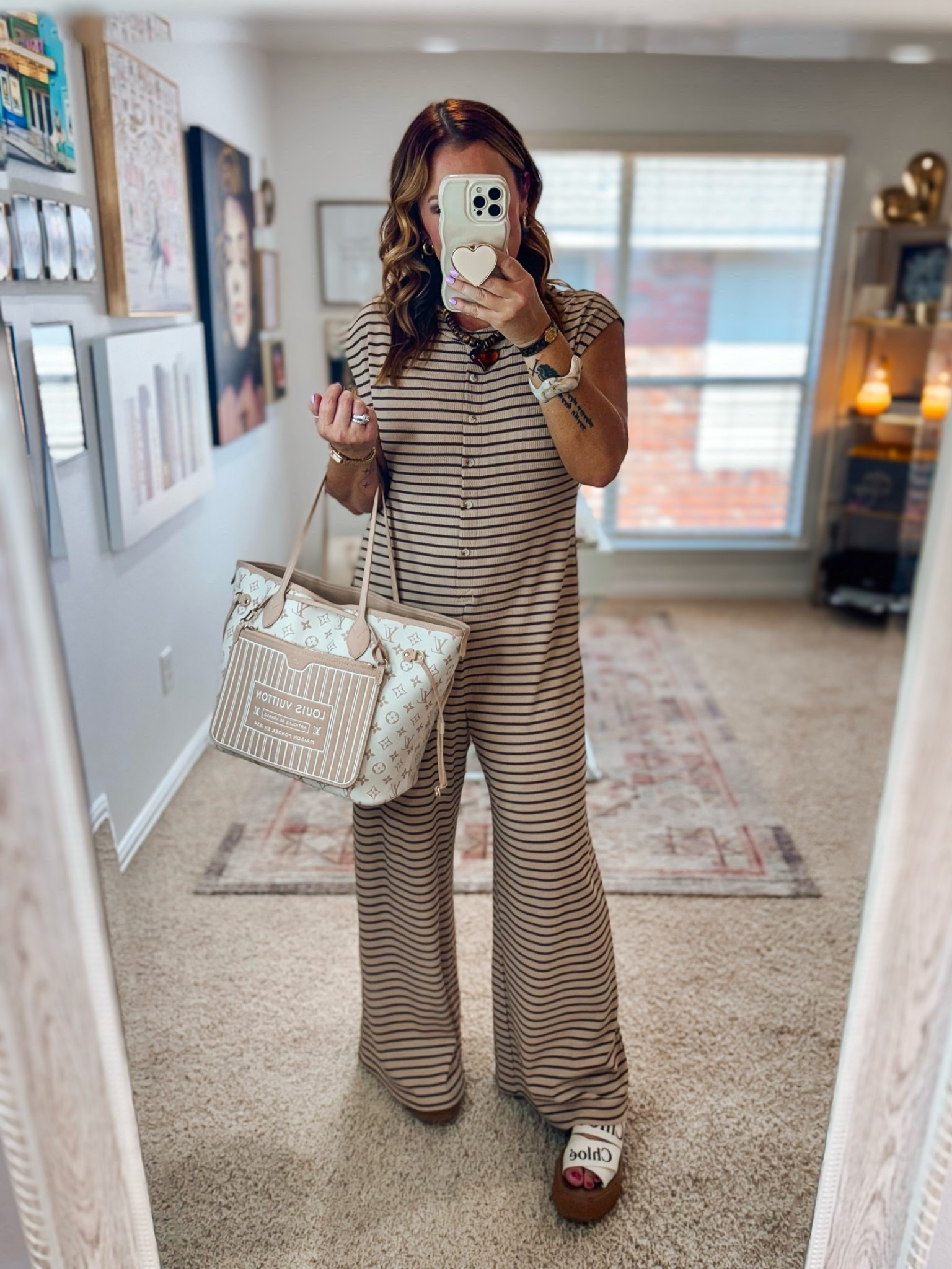 Saturday ootd 🤎 in this Amazon striped jumpsuit + heart necklace combo