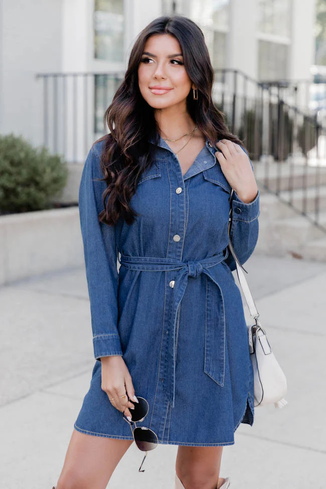 A Great Start Denim Long Sleeve Belted Mini Dress | Pink Lily