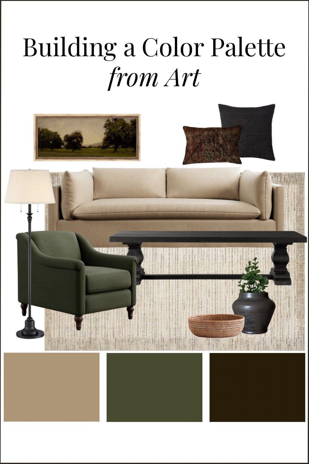 A living room color palette built from a piece of art. 

Pottery barn furniture, Arhaus coffee table, loloi rug, framed landscape art, vintage rug pillow.

#LTKFindsUnder50 #LTKHome #LTKStyleTip