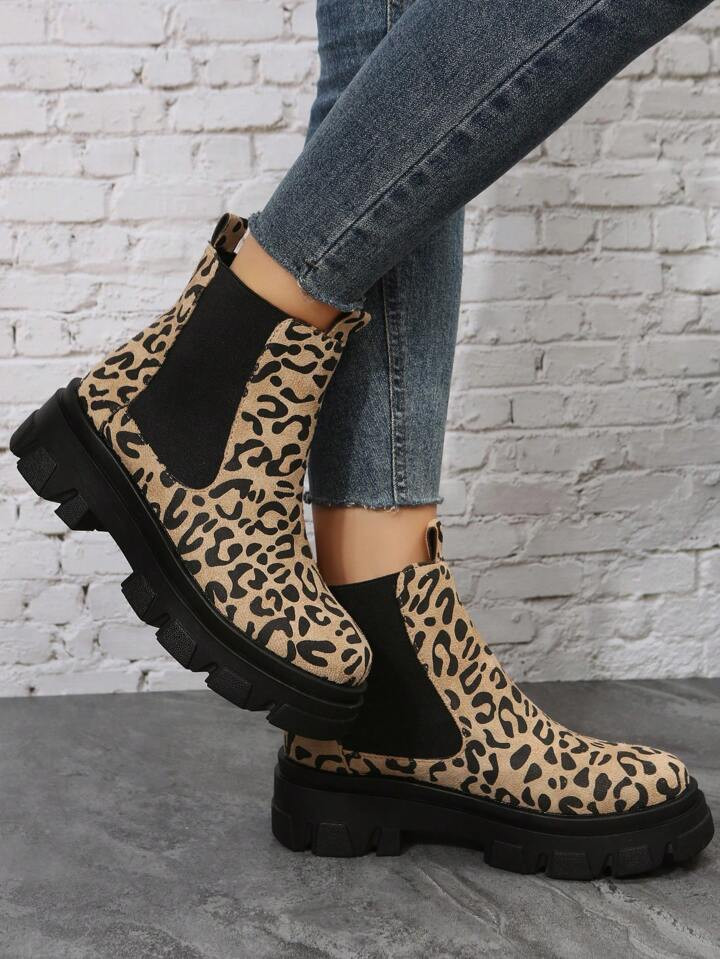Women's Fashionable & Casual Leopard Print Slip-on Canvas Ankle Boots, Comfortable & Versatile | SHEIN