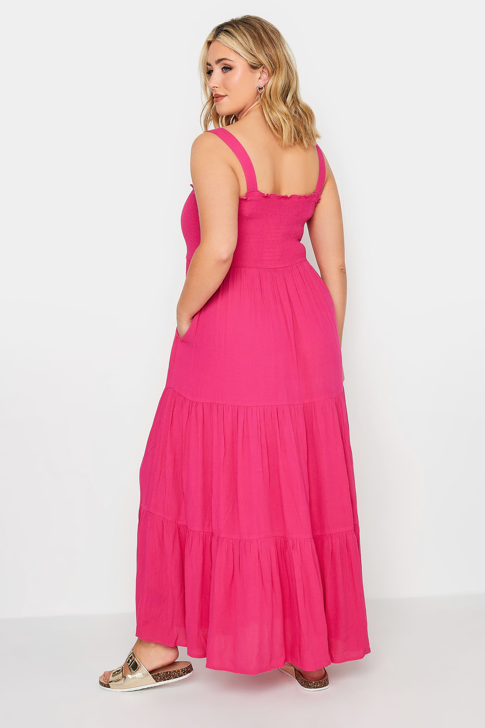 YOURS Plus Size Hot Pink Shirred Strappy Sundress | Yours Clothing DE